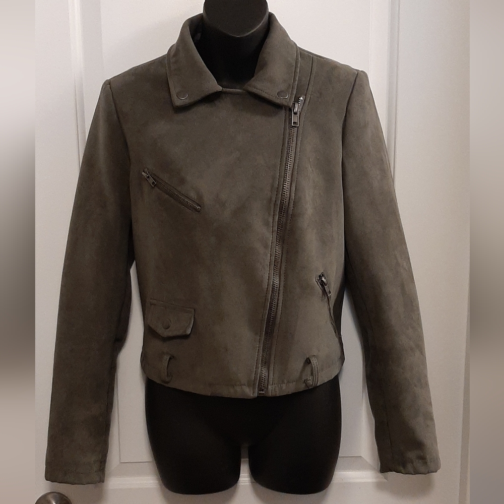 Women's Gray Short Asymmetrical Zipper Jacket Size Small Lined Long Sleeve